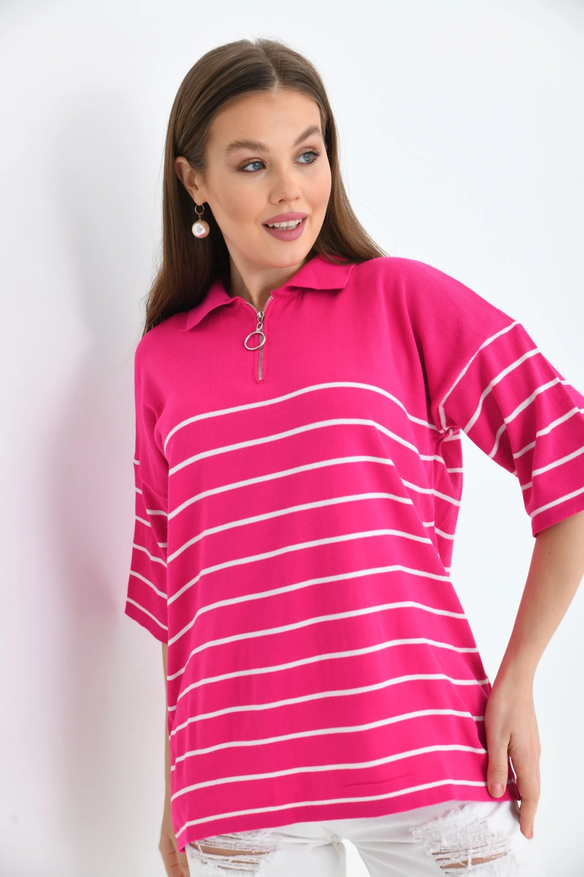 Polo Yaka Fermuarlı Çizgili Uzun Triko Kazak