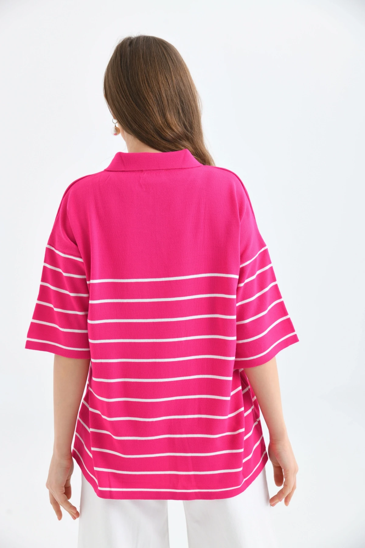 Polo Yaka Fermuarlı Çizgili Uzun Triko Kazak