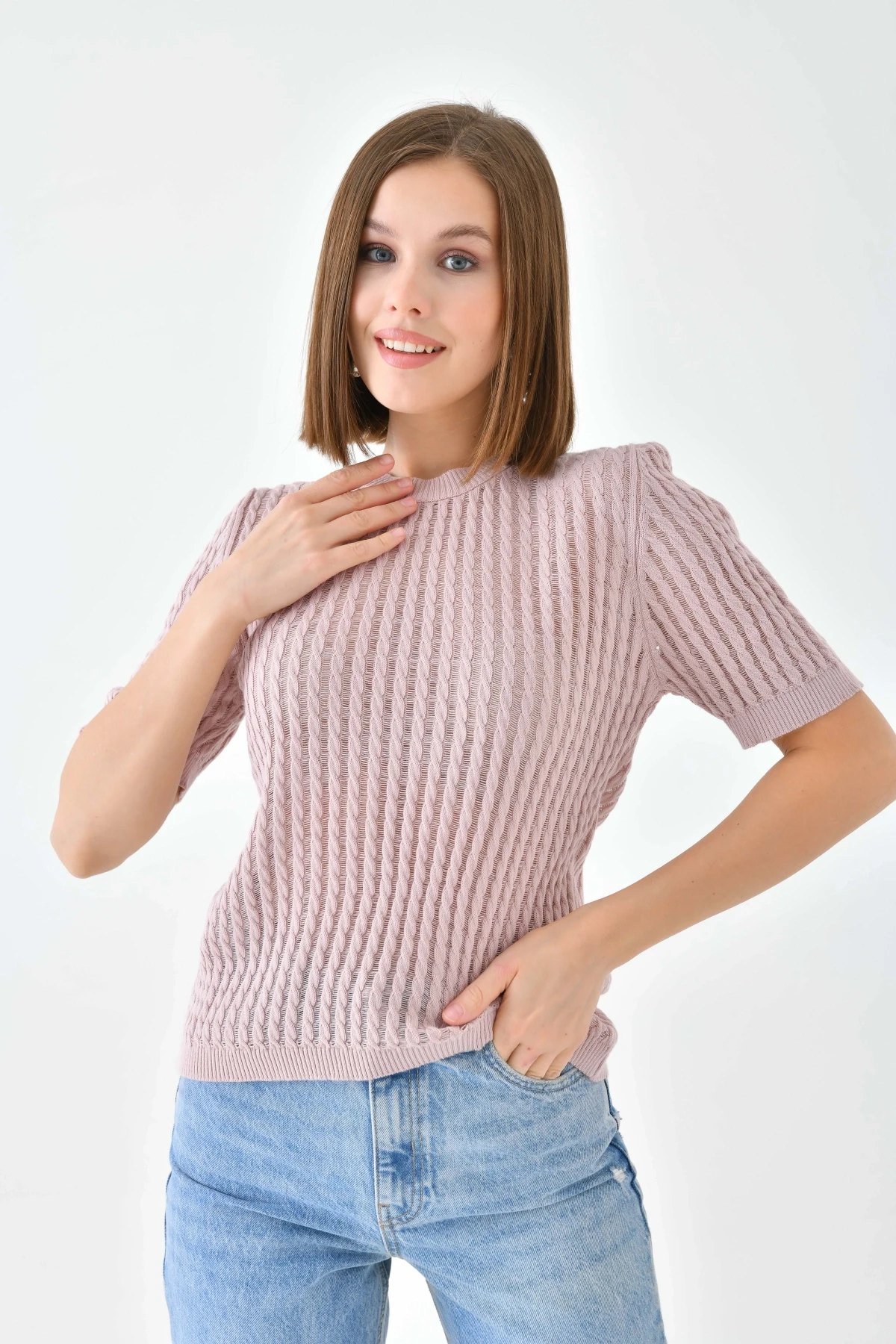 Kadın Pudra Ajurlu Mevsimlik Triko Kazak