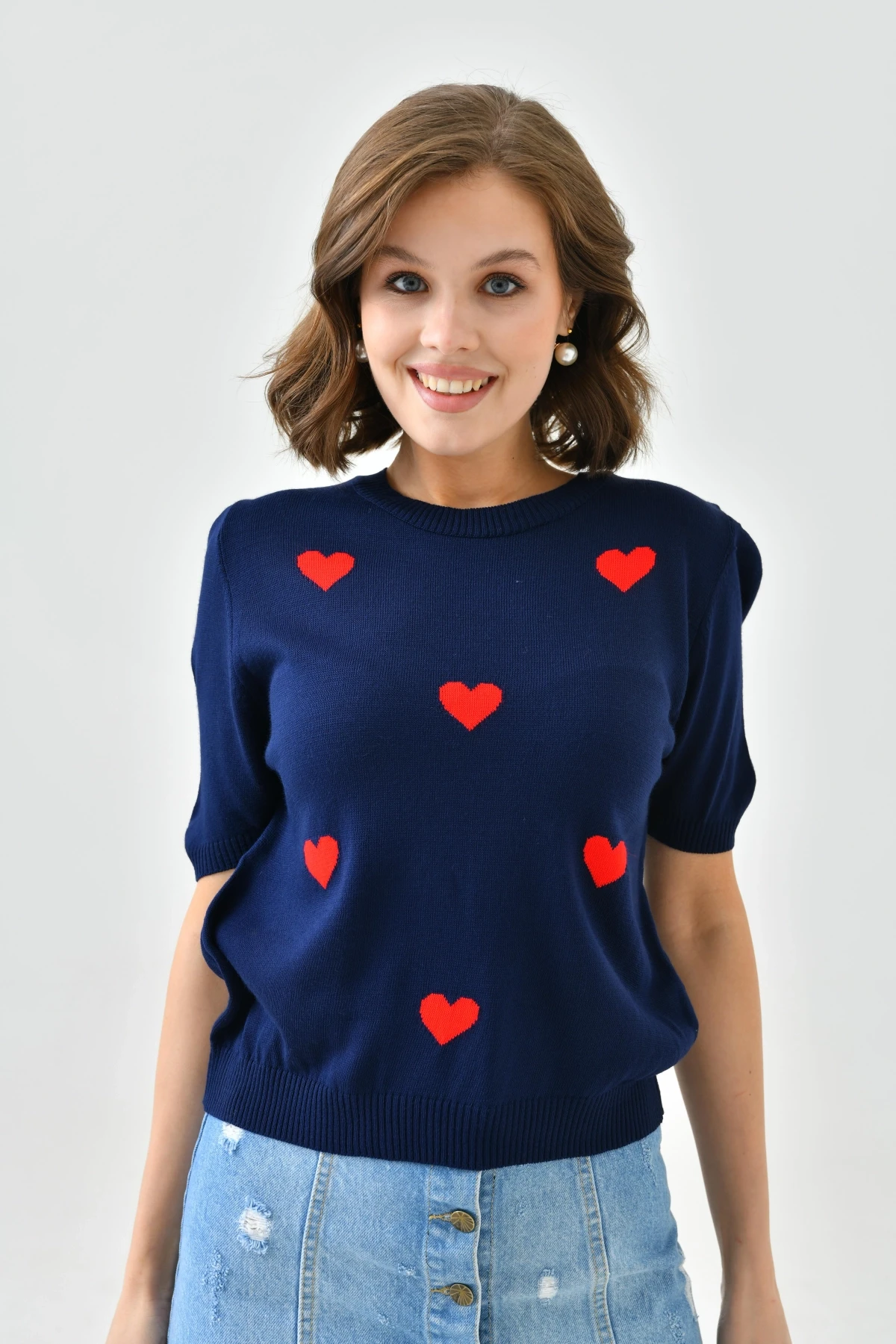 Bisiklet Yaka Kalp Desenli Mevsimlik Triko Kazak