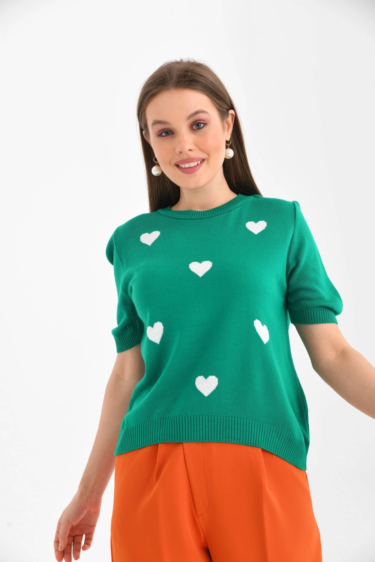 Bisiklet Yaka Kalp Desenli Mevsimlik Triko Kazak