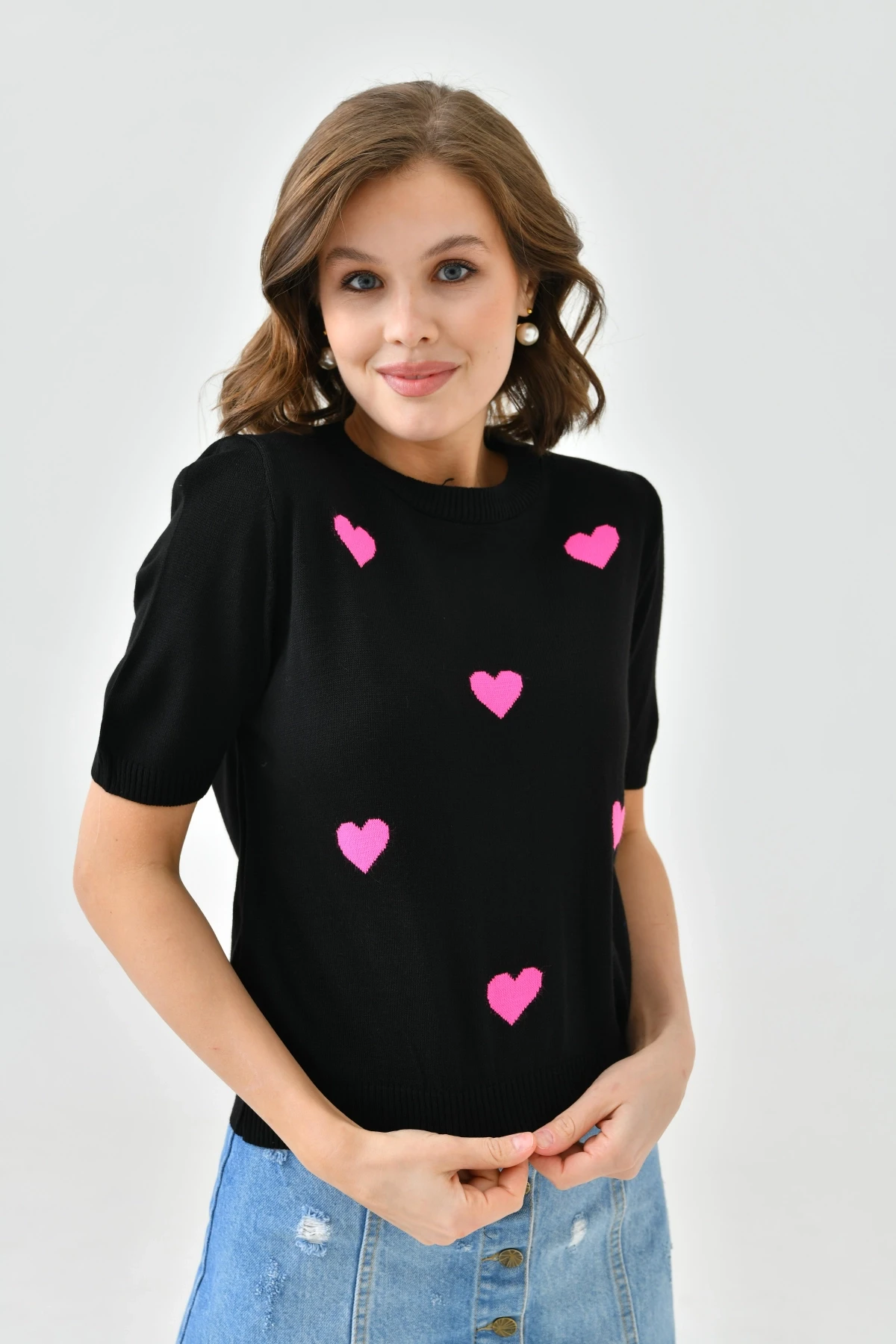 Bisiklet Yaka Kalp Desenli Mevsimlik Triko Kazak