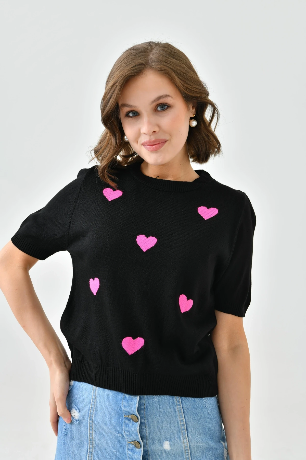 Bisiklet Yaka Kalp Desenli Mevsimlik Triko Kazak