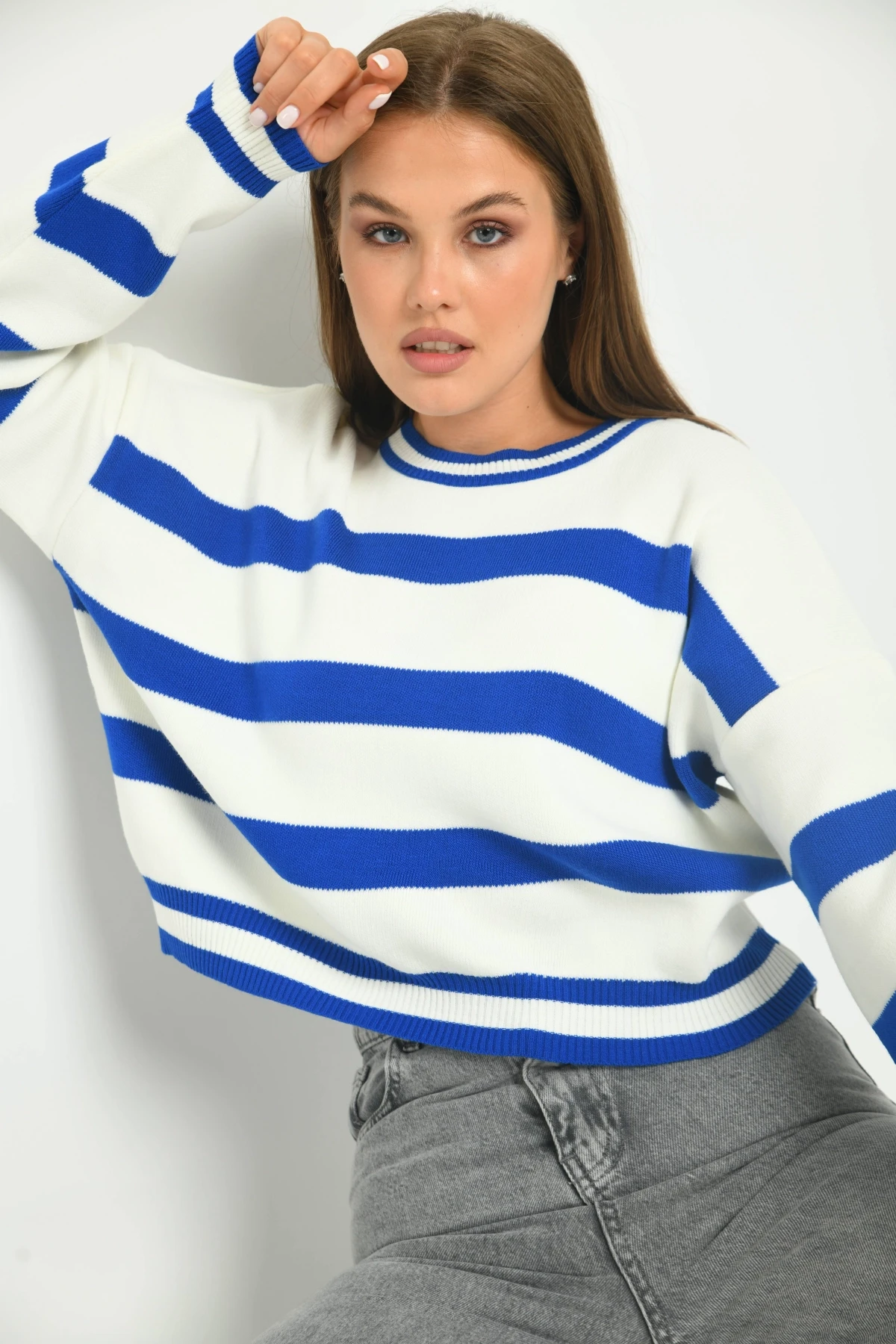 Çizgili Crop Bisiklet Yaka Triko Kazak