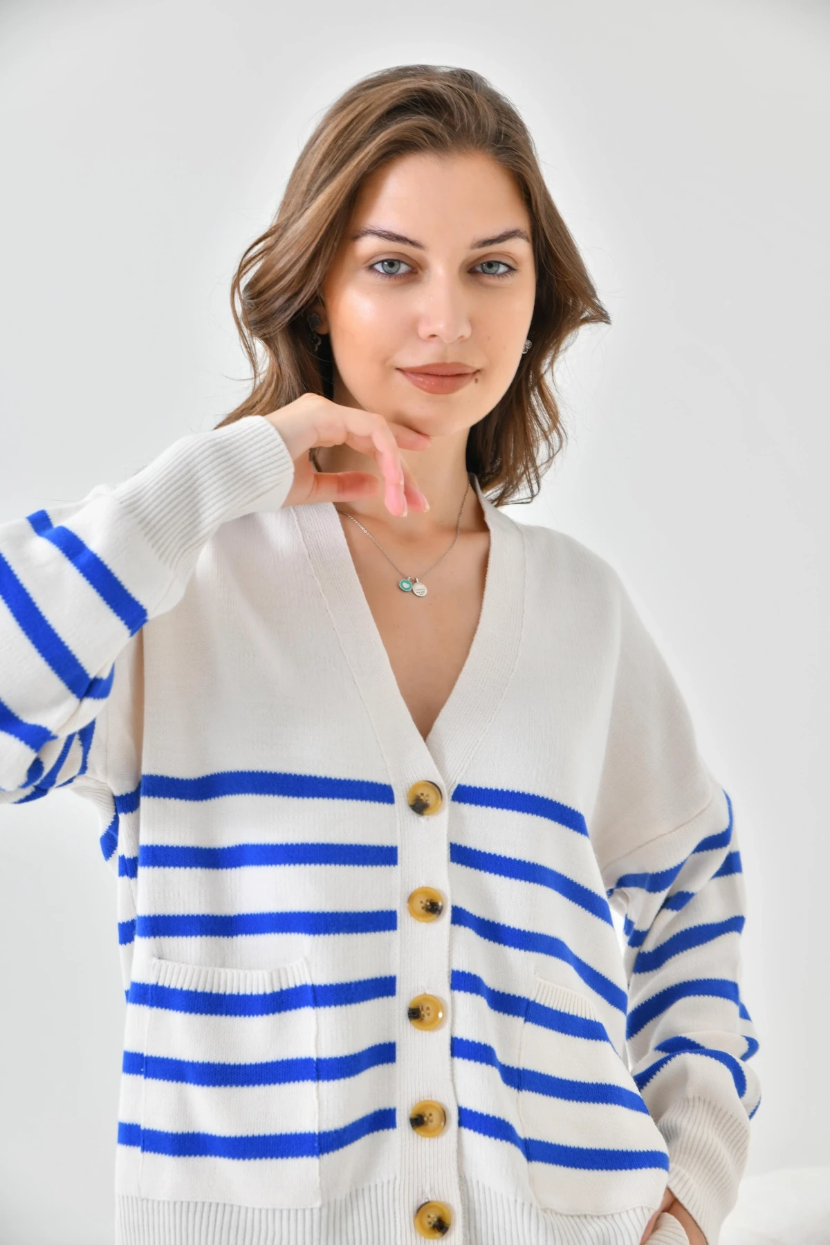 Çizgili Düğme Detaylı Oversize Triko Hırka