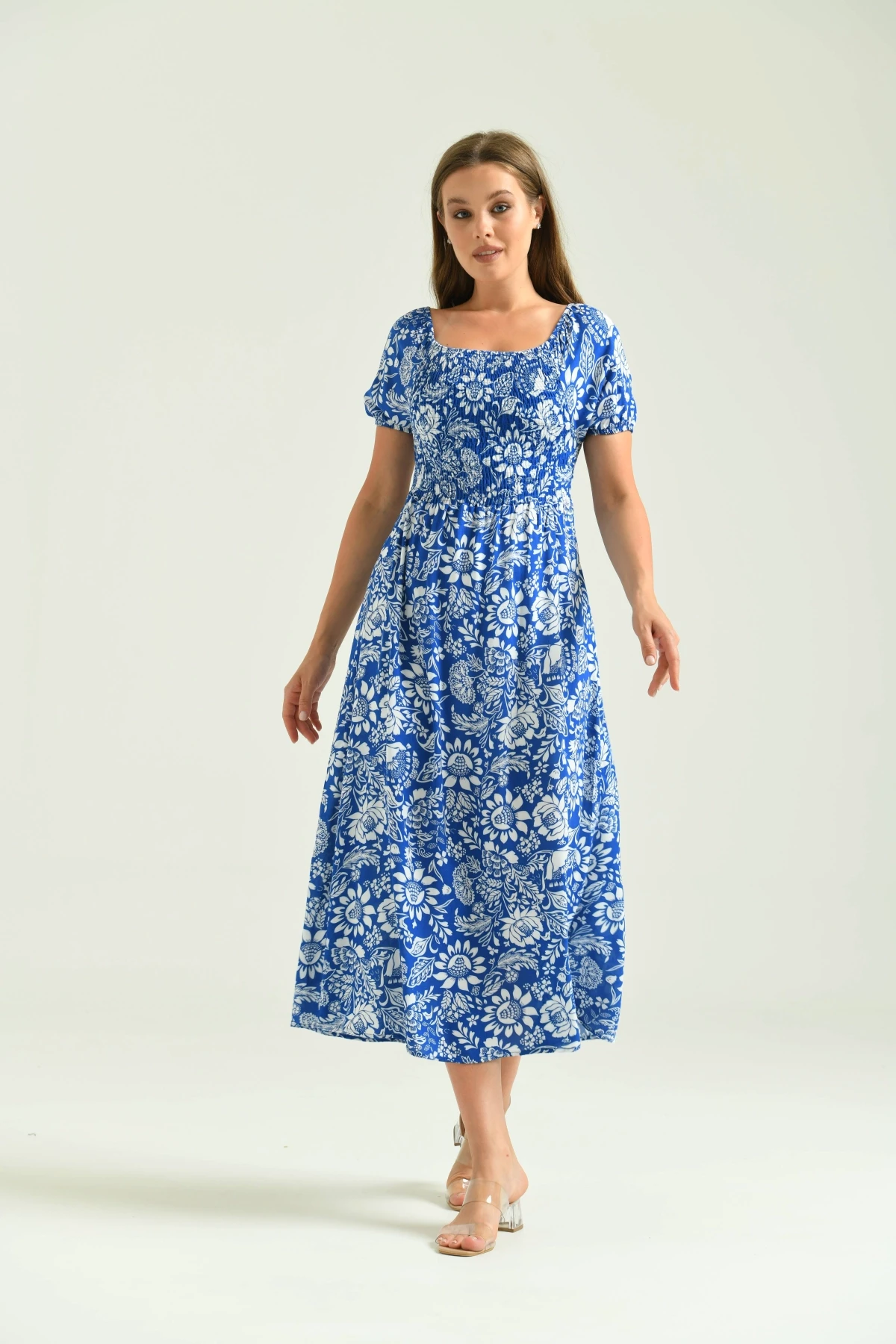 Kadın Saks Kare Yaka Desenli Elbise