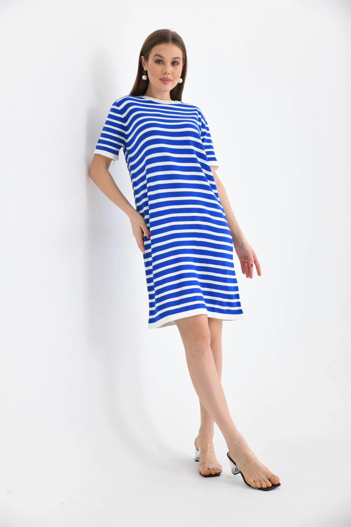 Kadın Çizgili Bisiklet Yaka Mevsimlik Triko Elbise