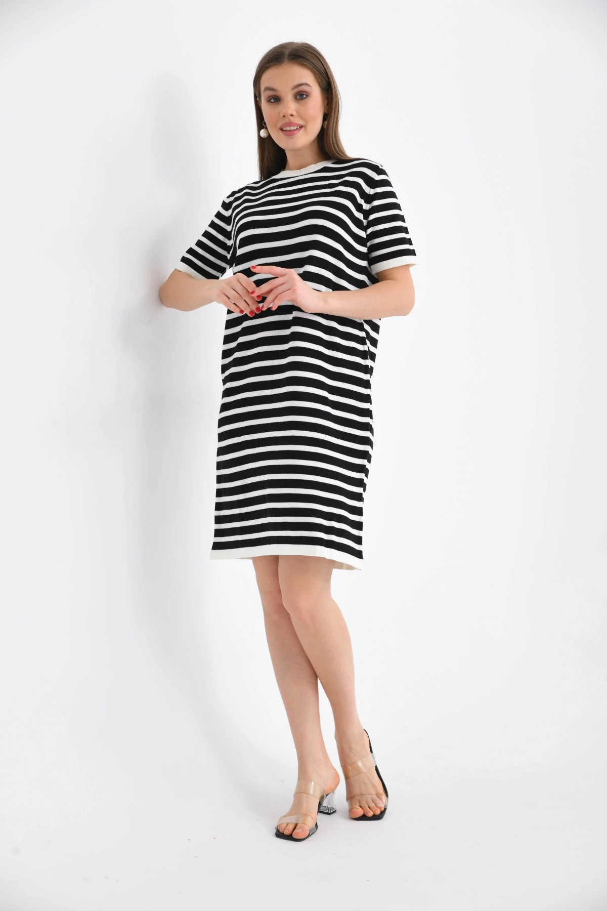 Kadın Çizgili Bisiklet Yaka Mevsimlik Triko Elbise