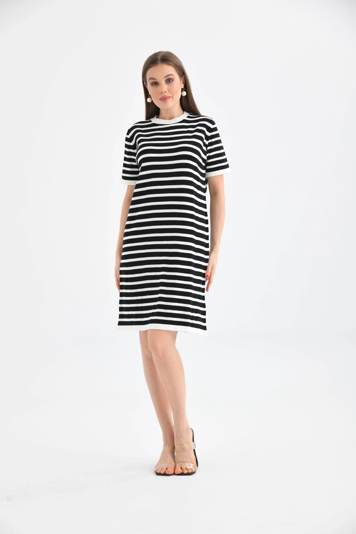 Kadın Çizgili Bisiklet Yaka Mevsimlik Triko Elbise