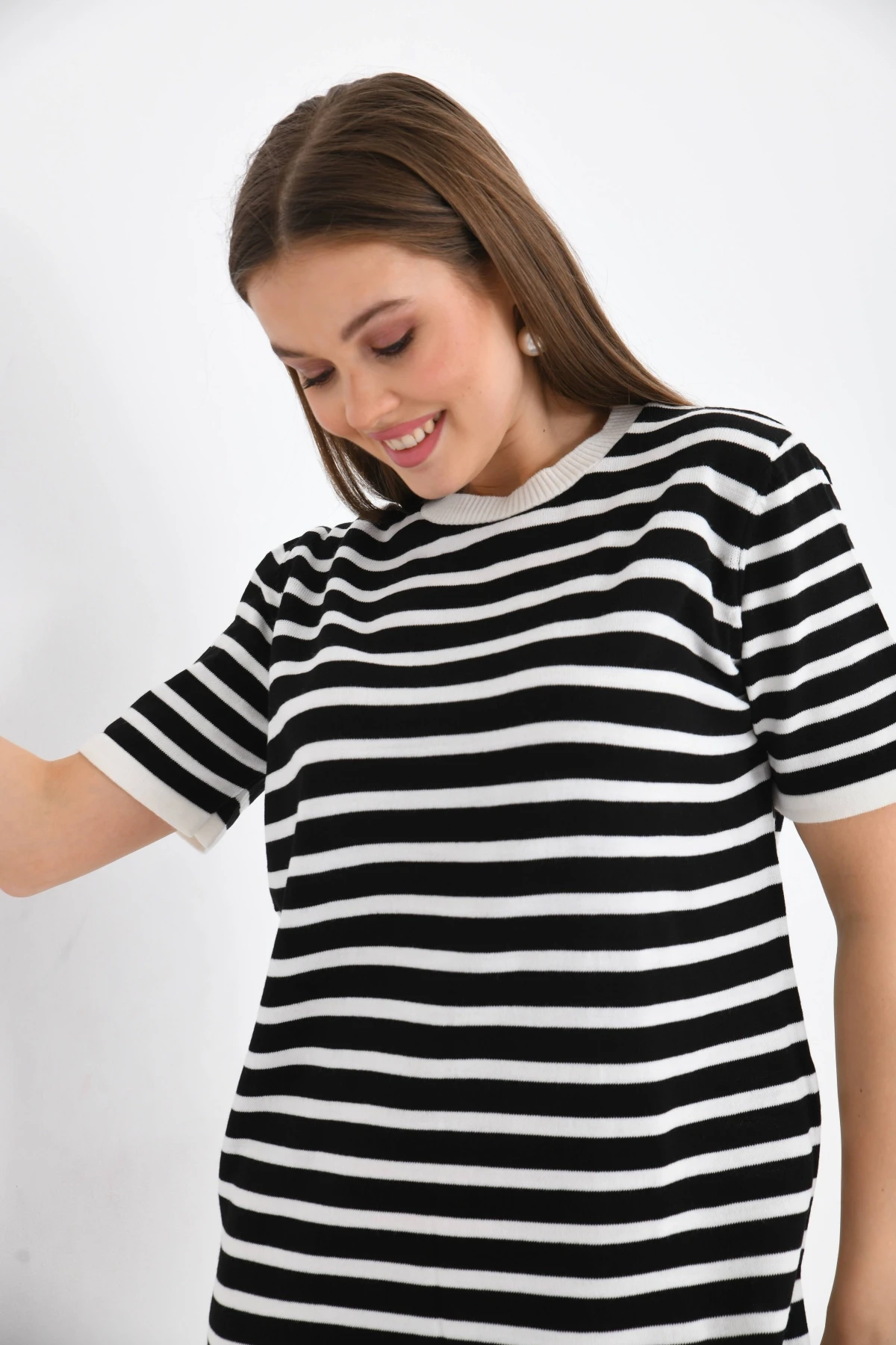 Kadın Çizgili Bisiklet Yaka Mevsimlik Triko Elbise