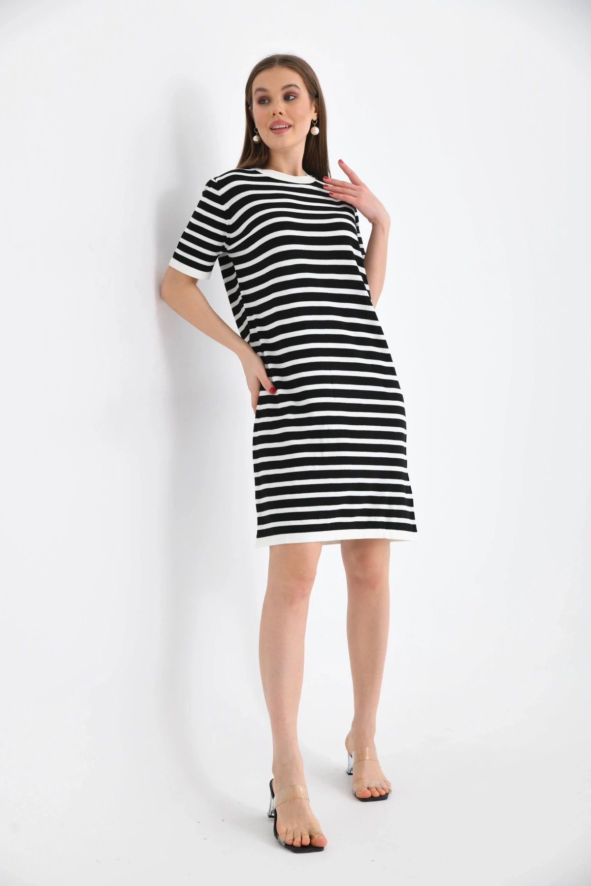 Kadın Çizgili Bisiklet Yaka Mevsimlik Triko Elbise