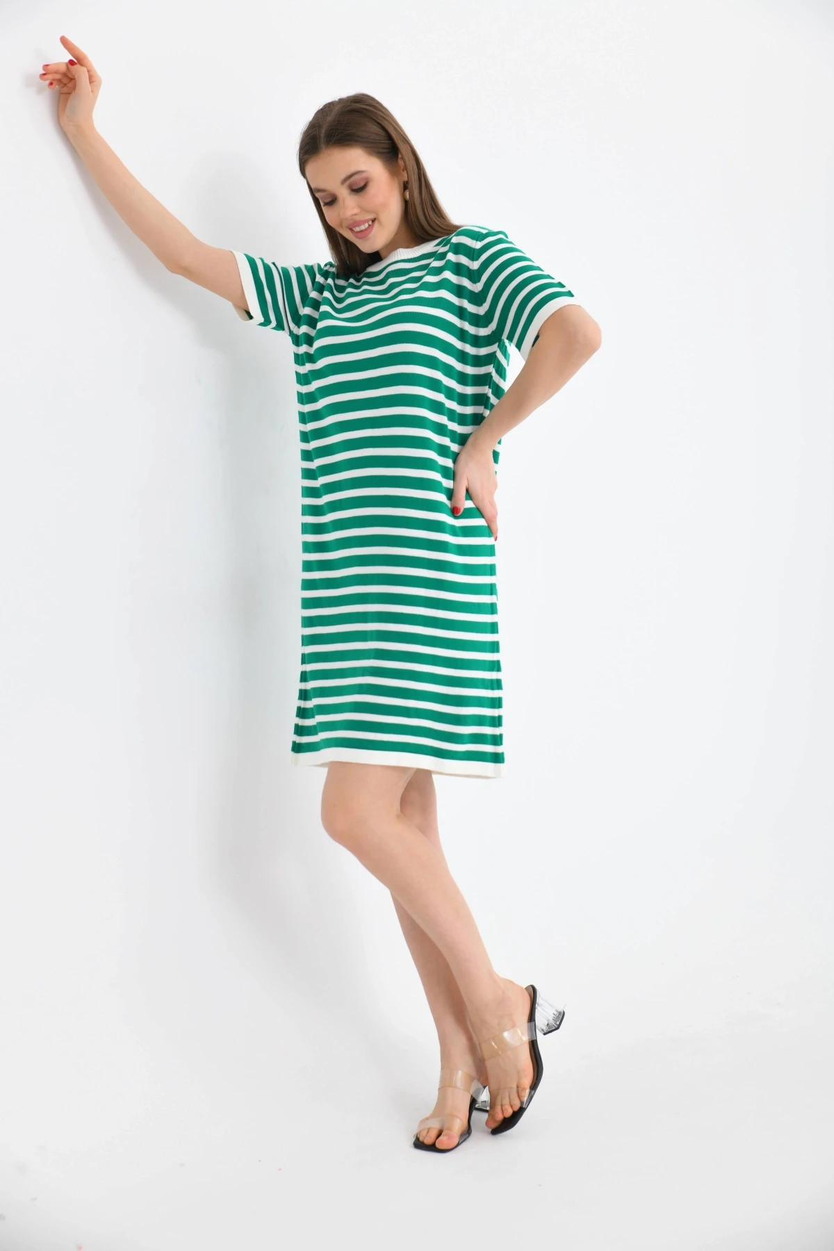 Kadın Çizgili Bisiklet Yaka Mevsimlik Triko Elbise