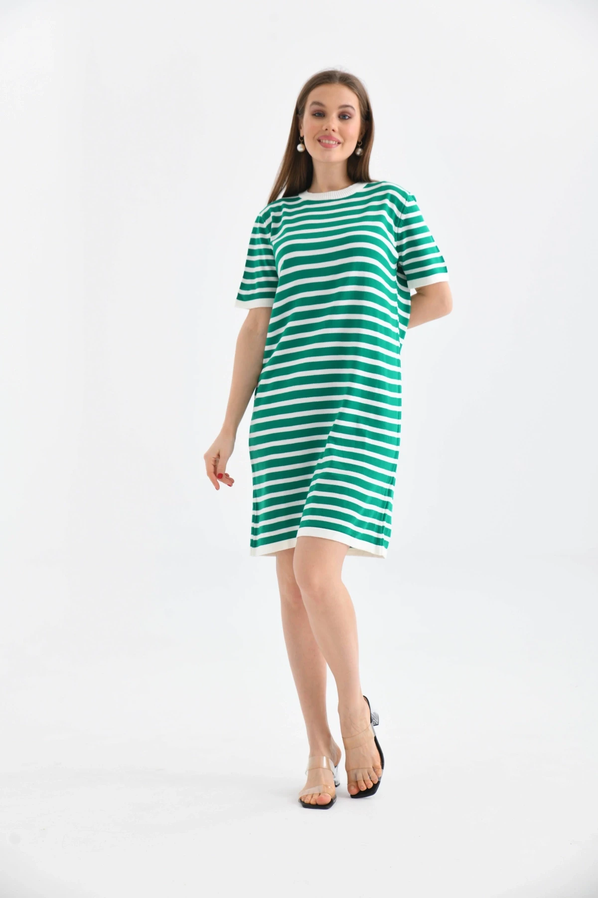 Kadın Çizgili Bisiklet Yaka Mevsimlik Triko Elbise