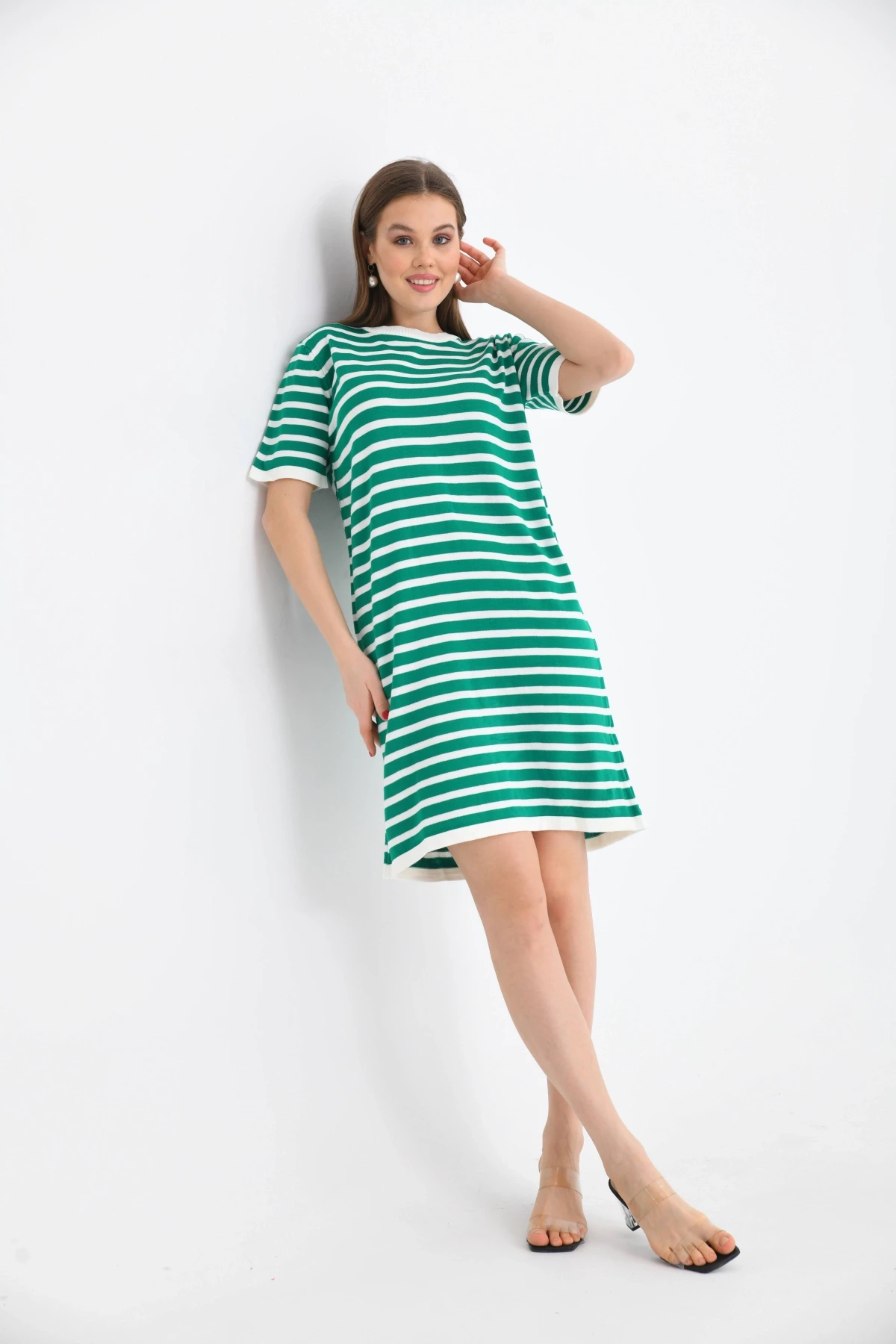 Kadın Çizgili Bisiklet Yaka Mevsimlik Triko Elbise