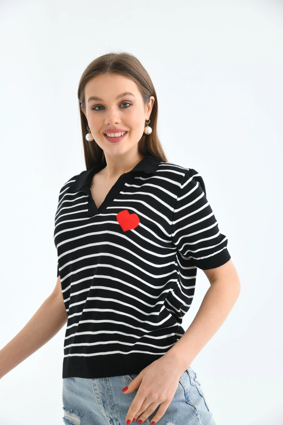 Kadın Çizgili Kalpli Mevsimlik Triko Kazak