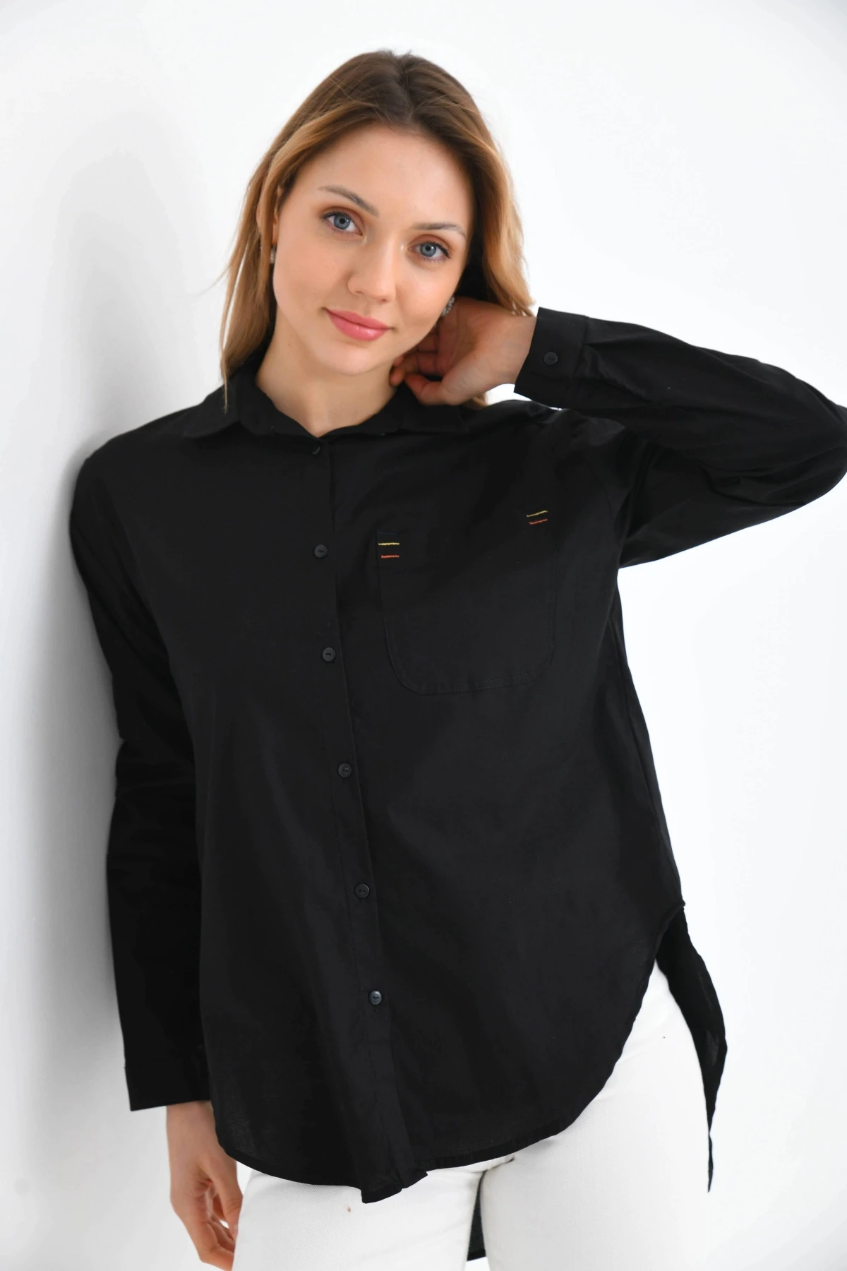 Oversize Cep Detay Uzun Basic Gömlek