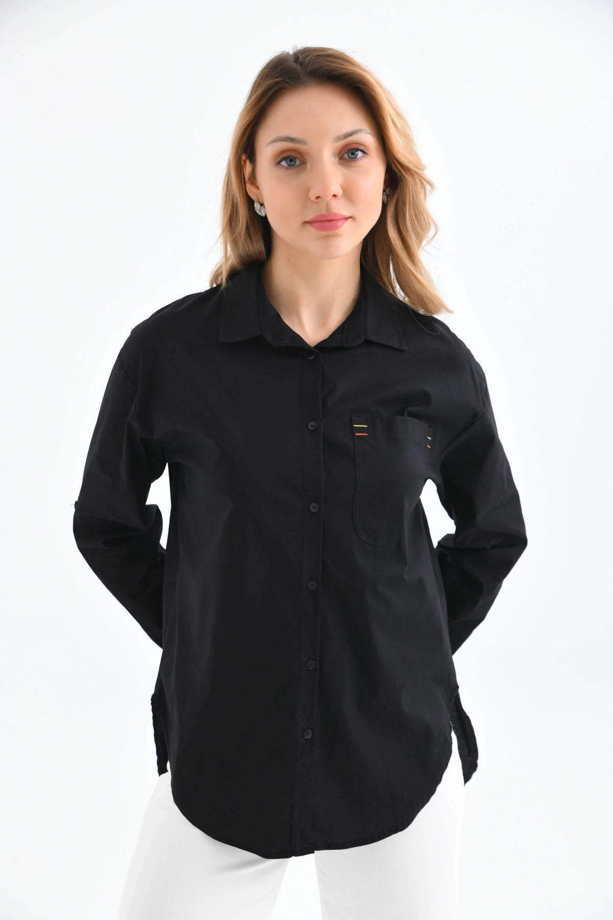 Oversize Cep Detay Uzun Basic Gömlek
