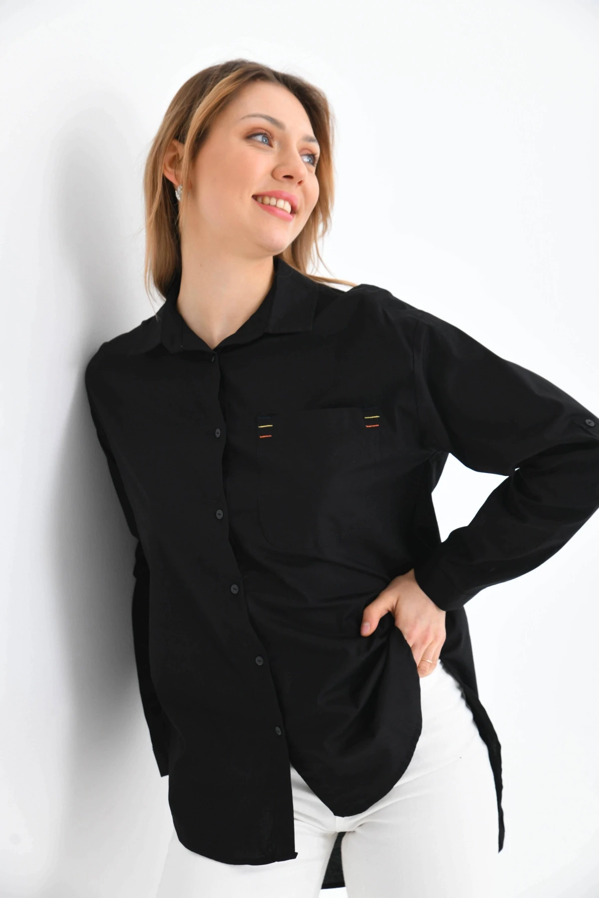 Oversize Cep Detay Uzun Basic Gömlek