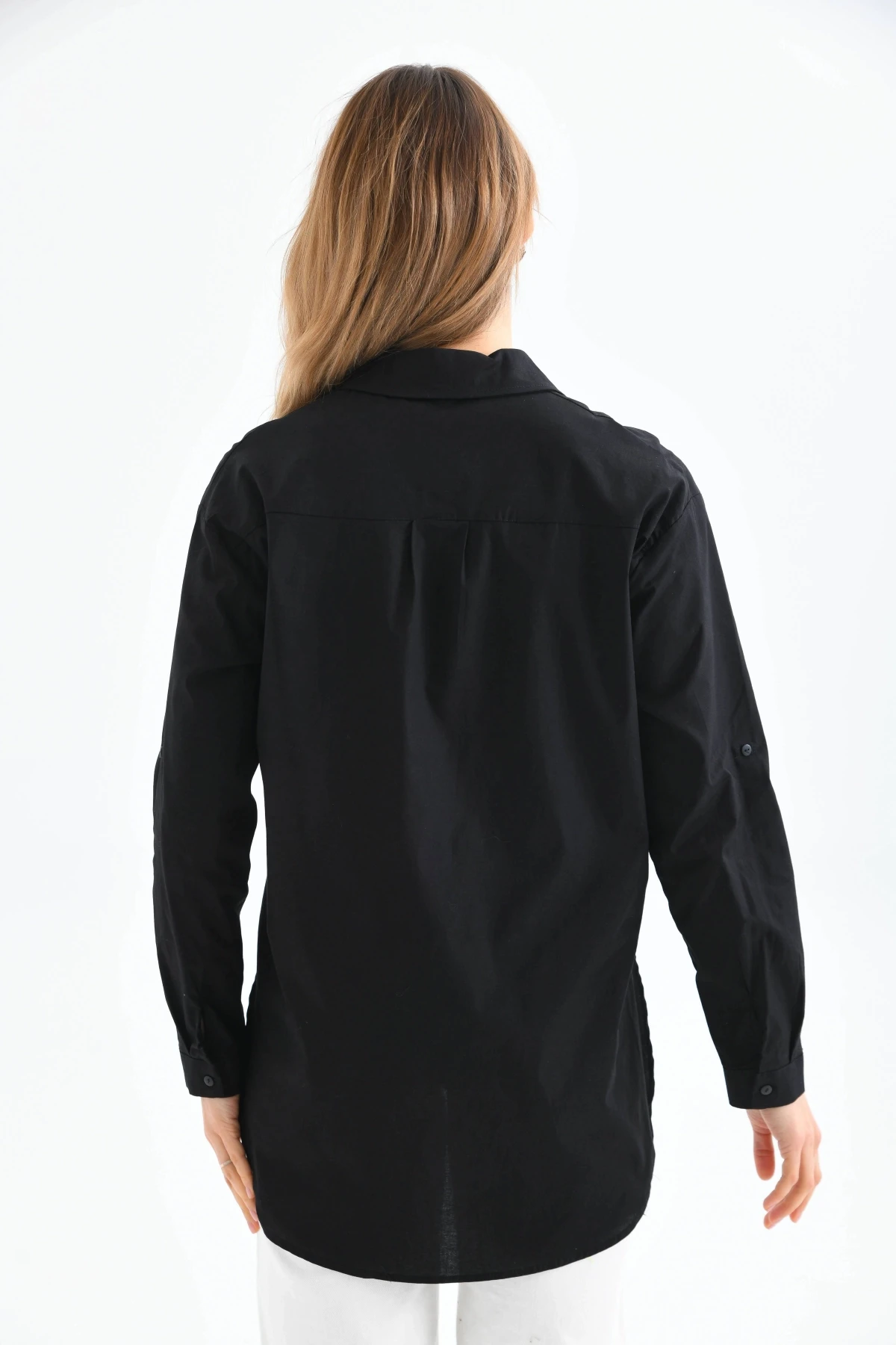 Oversize Cep Detay Uzun Basic Gömlek