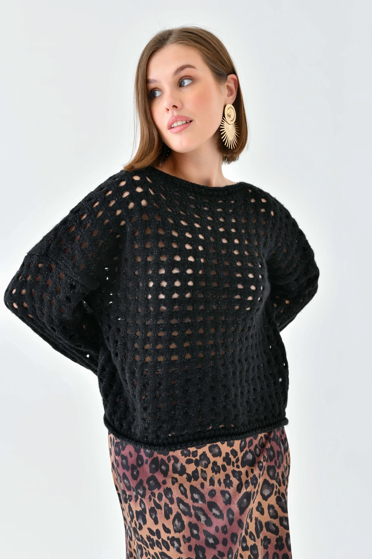 Simli Örgü Detaylı Oversize Bisiklet Yaka Triko Kazak