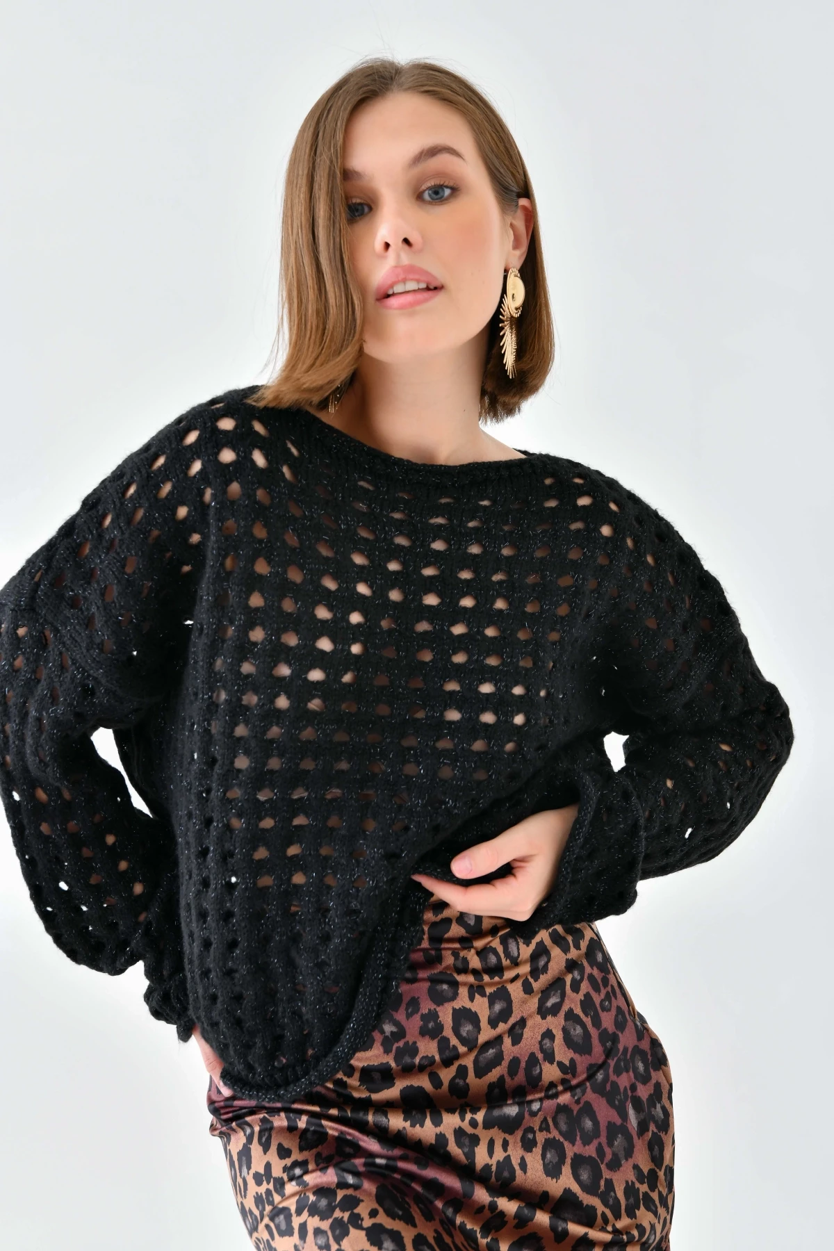 Simli Örgü Detaylı Oversize Bisiklet Yaka Triko Kazak