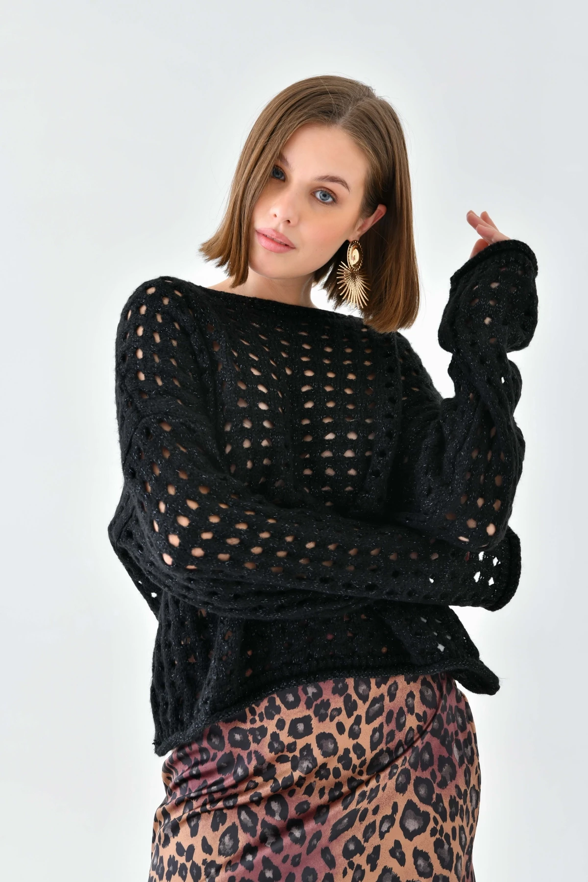 Simli Örgü Detaylı Oversize Bisiklet Yaka Triko Kazak