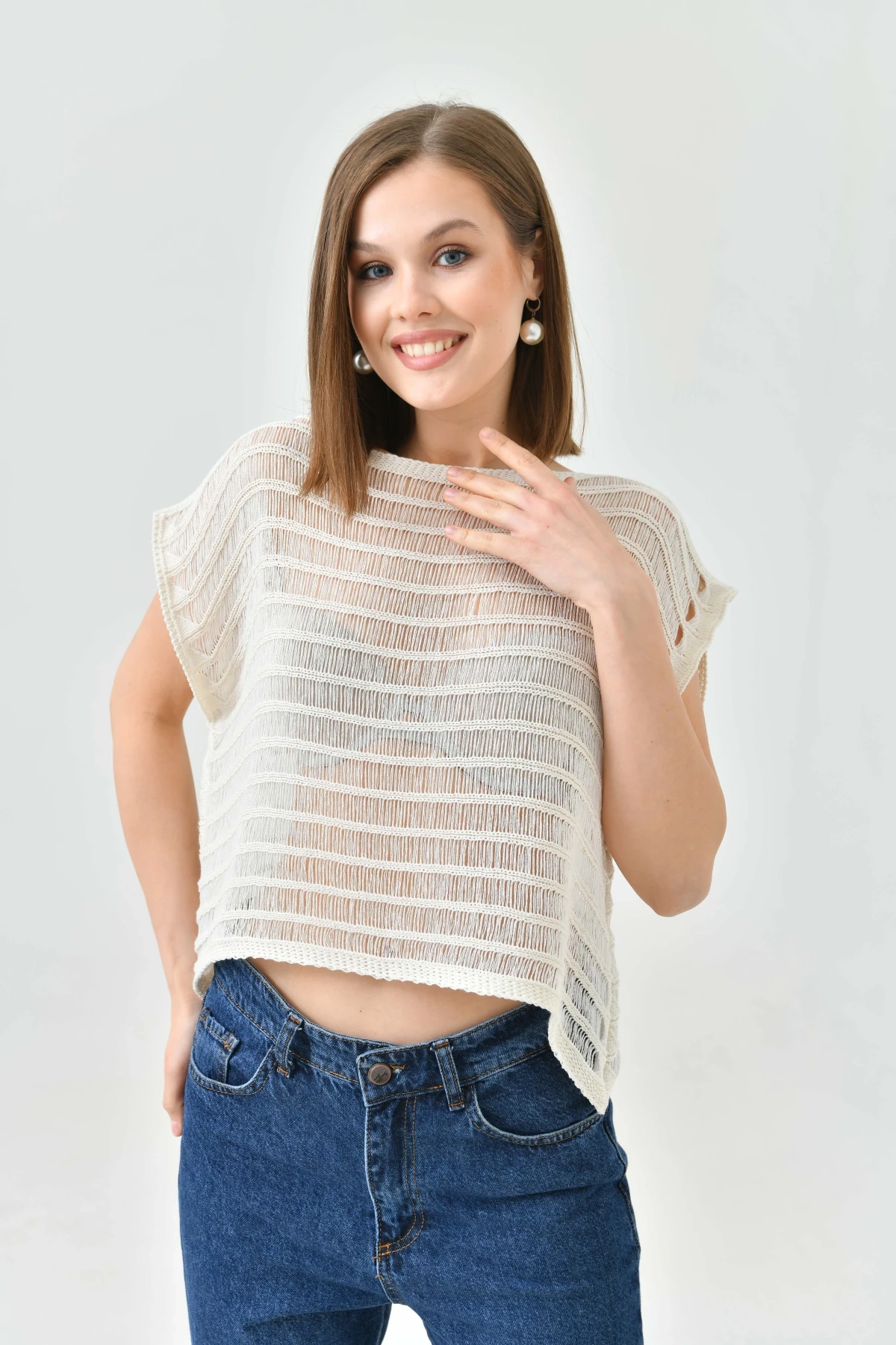 Kadın Taş Ajurlu Kayık Yaka Salaş Triko Bluz