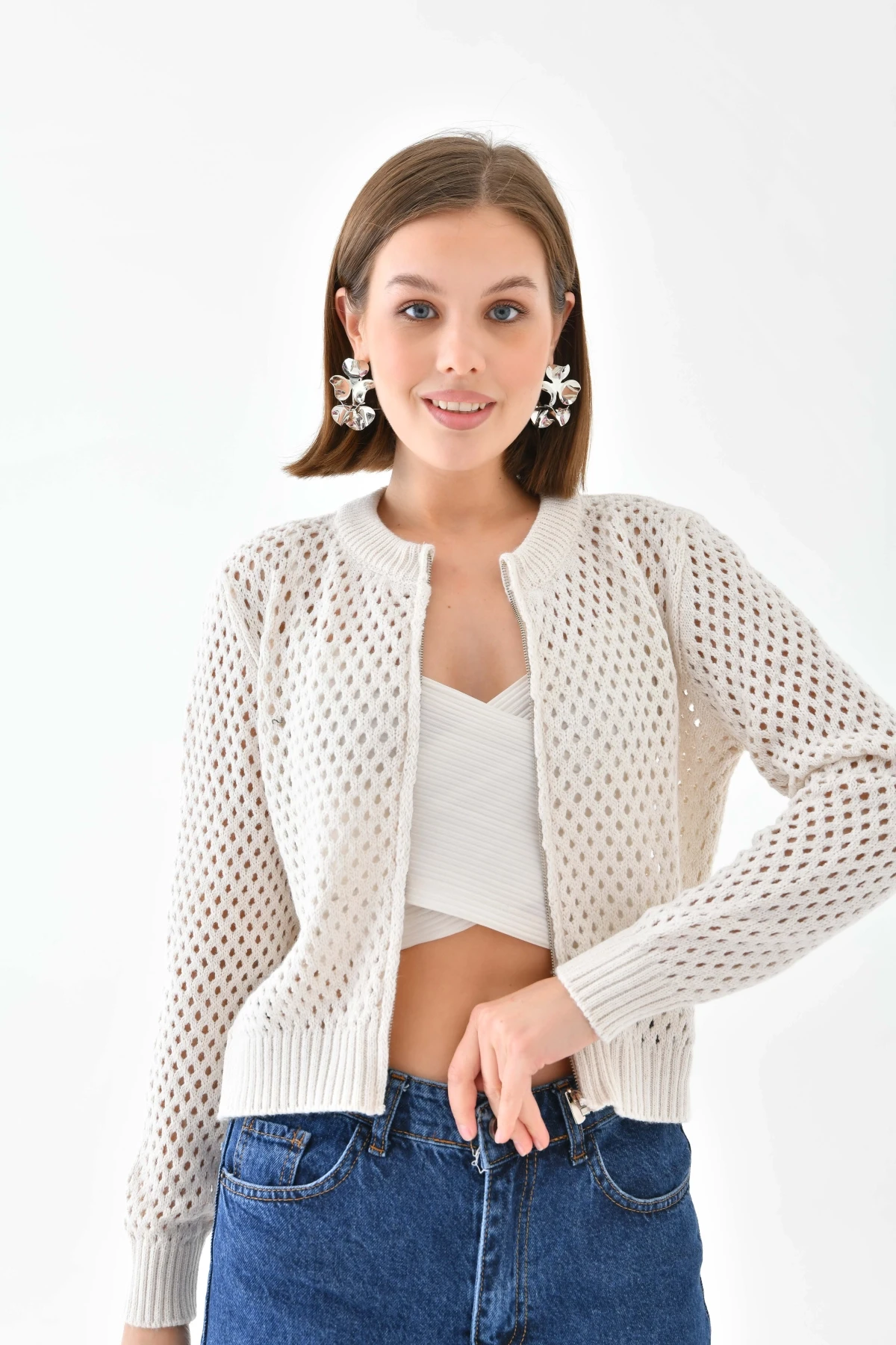 Bisiklet Yaka Fermuar Detaylı Delikli Triko Kazak