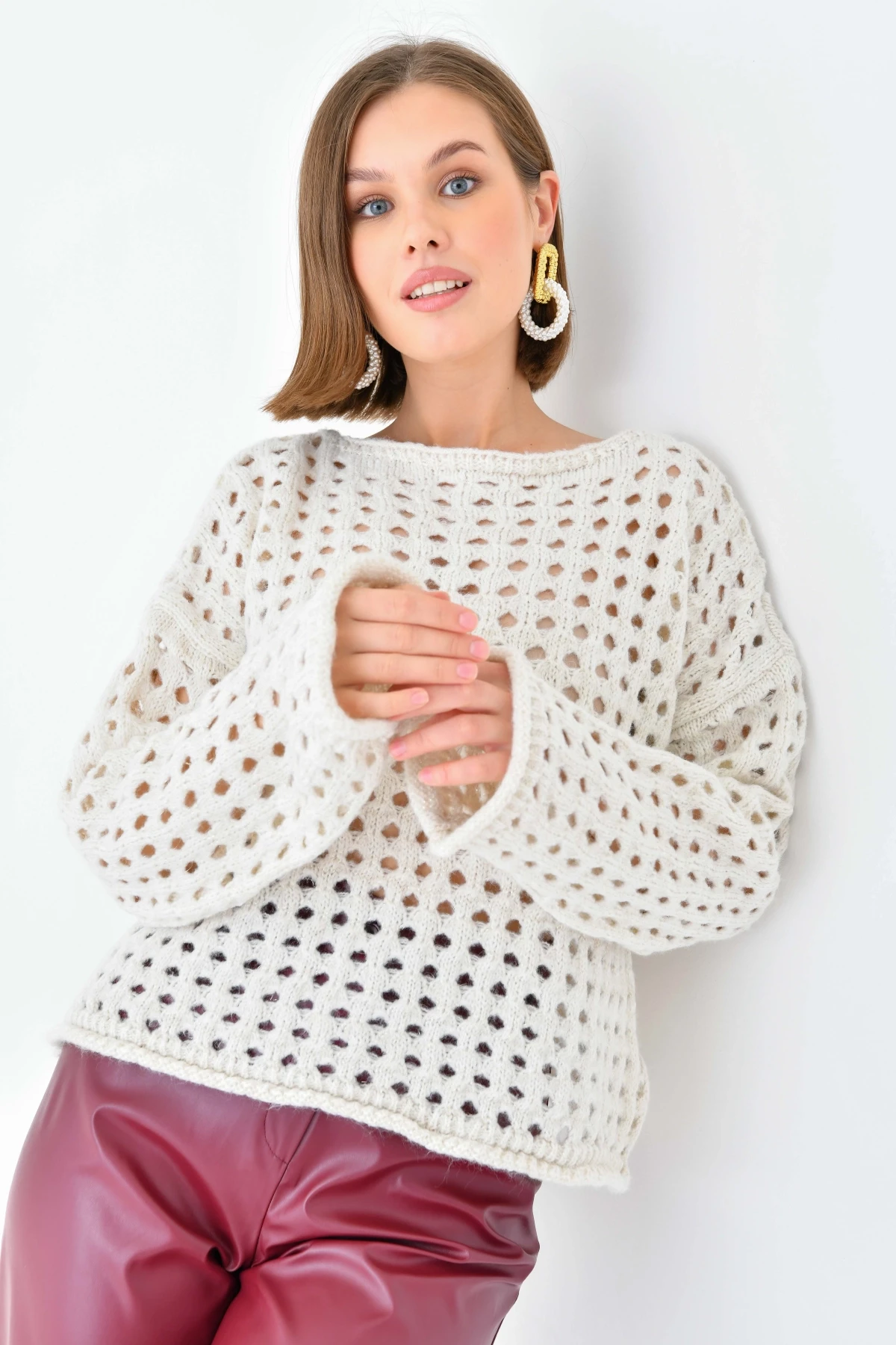 Simli Örgü Detaylı Oversize Bisiklet Yaka Triko Kazak