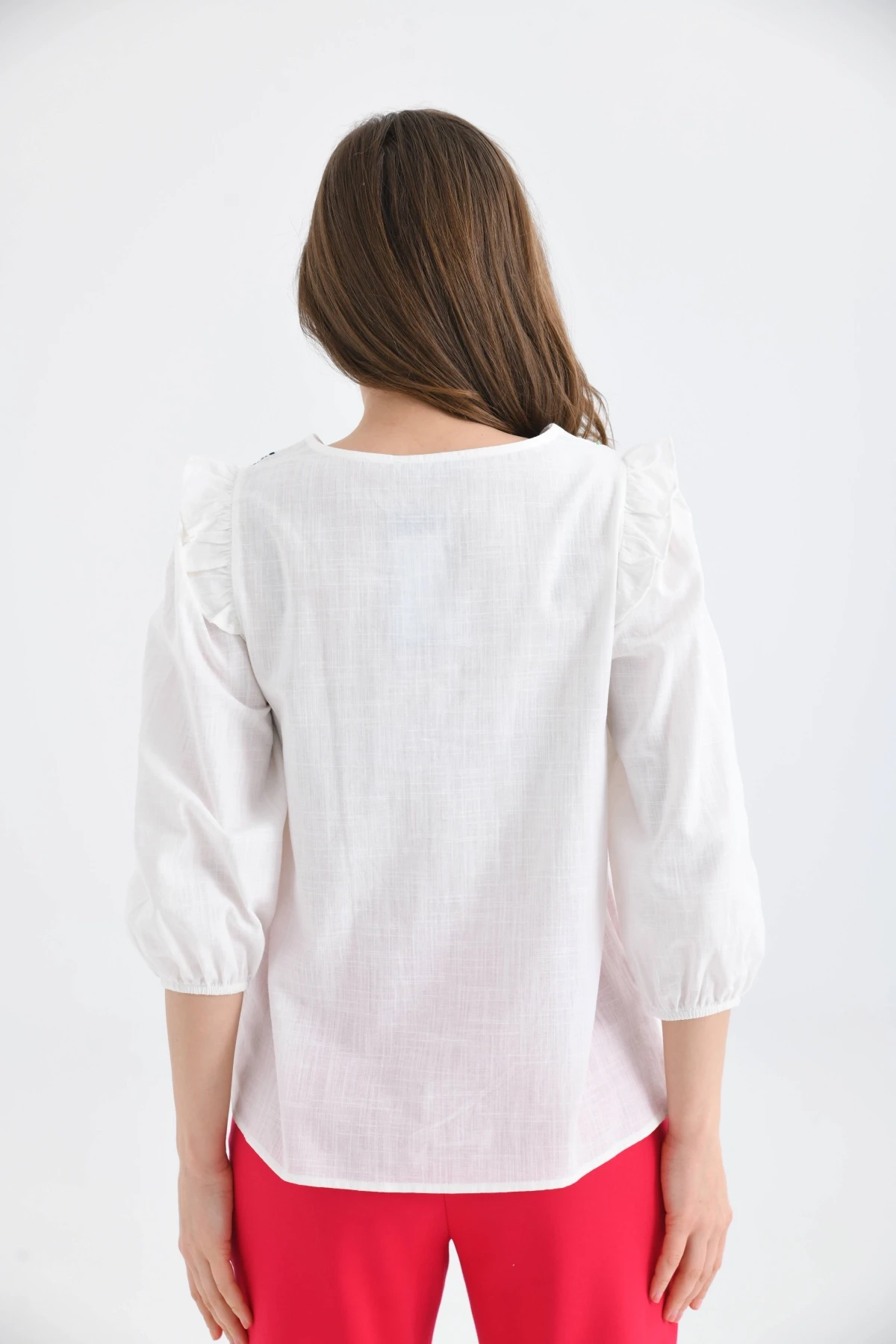 Kadın Uzun Kol Bağlama Detay Nakışlı Salaş Bluz