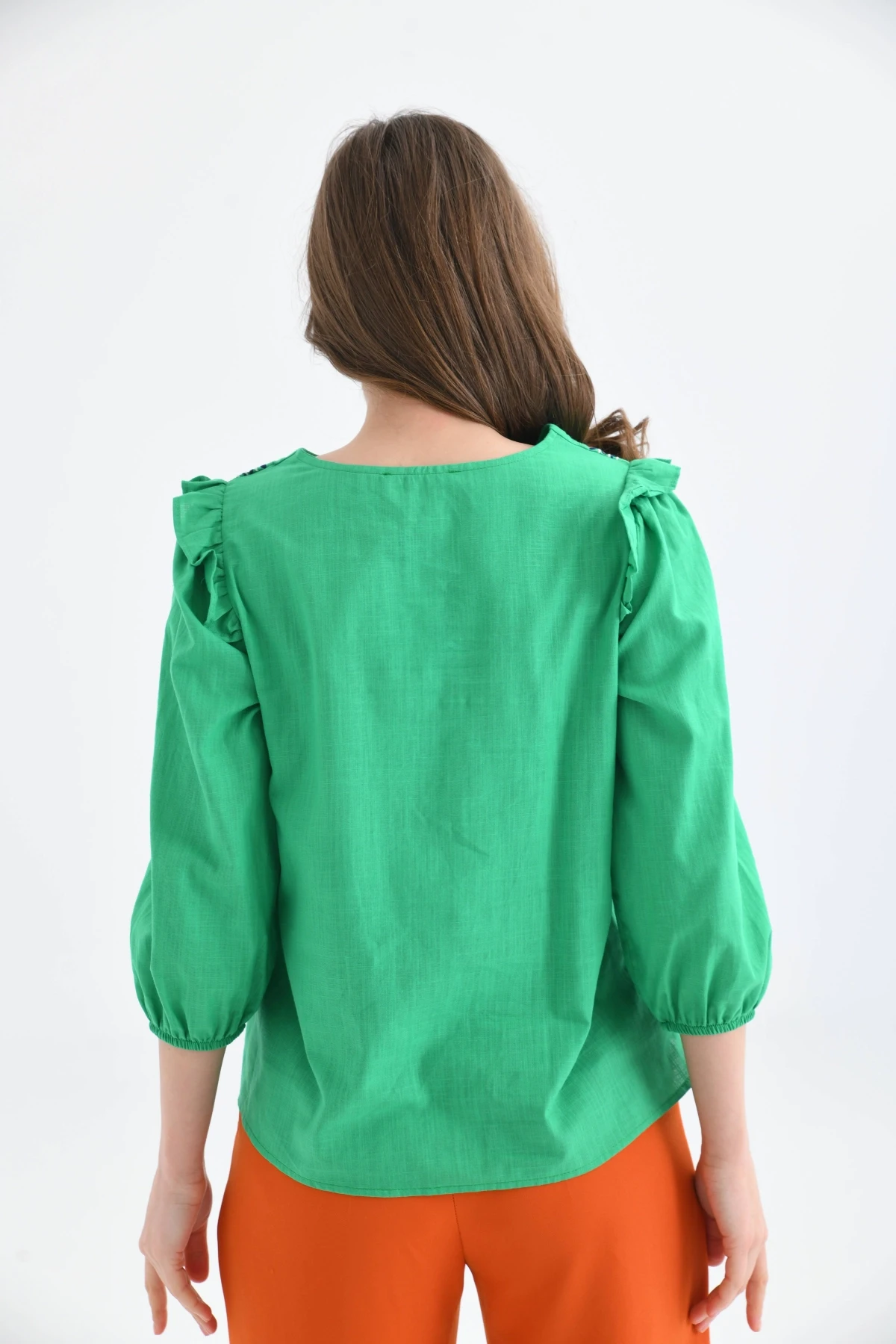 Kadın Uzun Kol Bağlama Detay Nakışlı Salaş Bluz