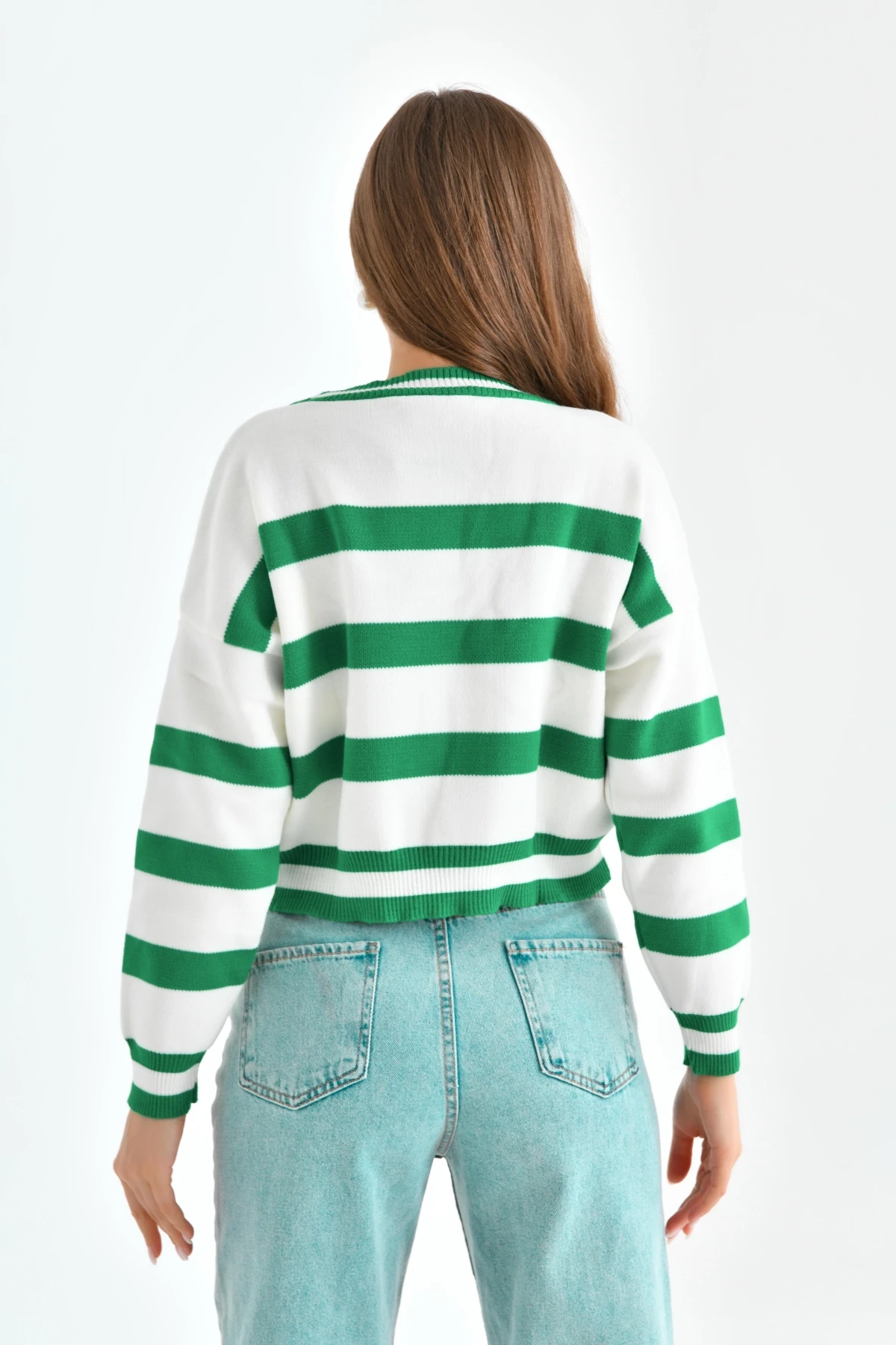 Yeşil Çizgili Crop Bisiklet Yaka Triko Kazak