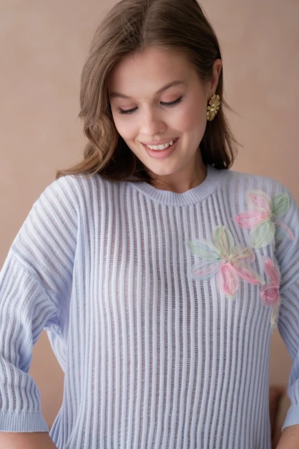 Bisiklet Yaka Aplikeli Ajurlu Salaş Triko Bluz