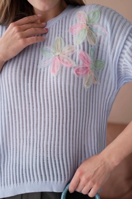 Bisiklet Yaka Aplikeli Ajurlu Salaş Triko Bluz