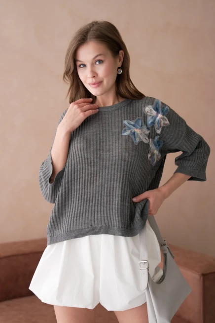 Bisiklet Yaka Aplikeli Ajurlu Salaş Triko Bluz