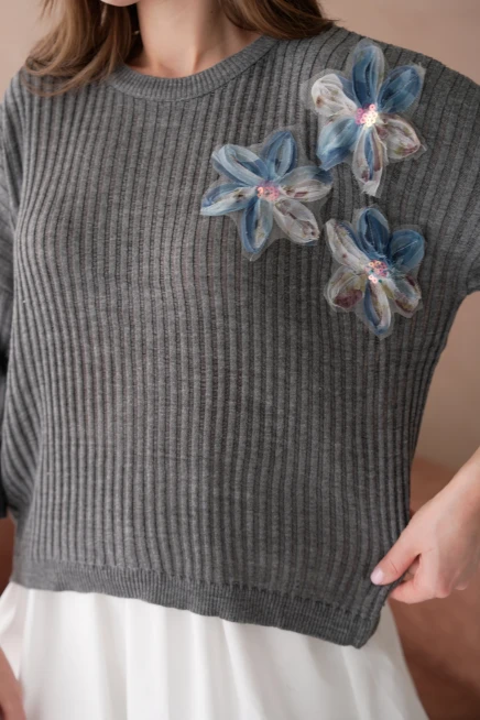 Bisiklet Yaka Aplikeli Ajurlu Salaş Triko Bluz