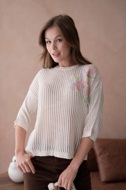 Bisiklet Yaka Aplikeli Ajurlu Salaş Triko Bluz