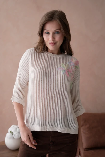 Bisiklet Yaka Aplikeli Ajurlu Salaş Triko Bluz