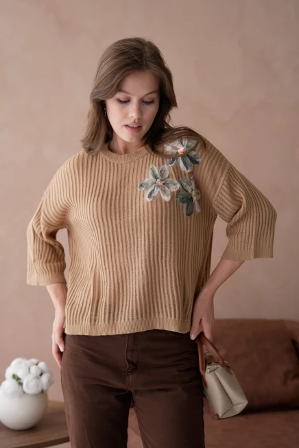 Bisiklet Yaka Aplikeli Ajurlu Salaş Triko Bluz