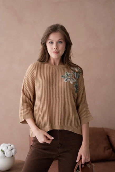 Bisiklet Yaka Aplikeli Ajurlu Salaş Triko Bluz