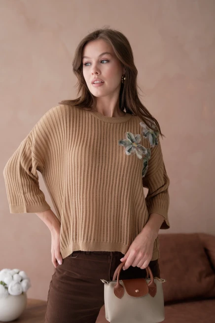 Bisiklet Yaka Aplikeli Ajurlu Salaş Triko Bluz