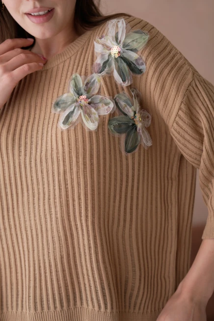 Bisiklet Yaka Aplikeli Ajurlu Salaş Triko Bluz