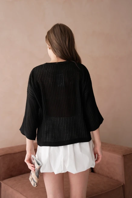 Bisiklet Yaka Aplikeli Ajurlu Salaş Triko Bluz