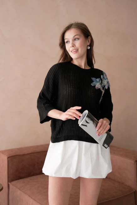 Bisiklet Yaka Aplikeli Ajurlu Salaş Triko Bluz