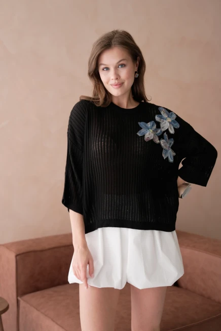 Bisiklet Yaka Aplikeli Ajurlu Salaş Triko Bluz