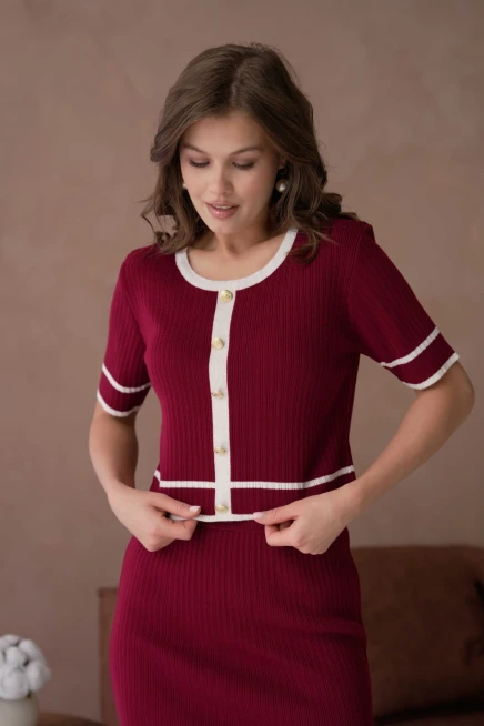 Bisiklet Yaka Düğme Detaylı Etek Bel Lastikli Bluz Etek İkili Triko Takım