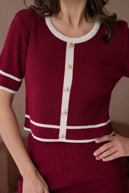 Bisiklet Yaka Düğme Detaylı Etek Bel Lastikli Bluz Etek İkili Triko Takım