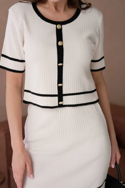 Bisiklet Yaka Düğme Detaylı Etek Bel Lastikli Bluz Etek İkili Triko Takım