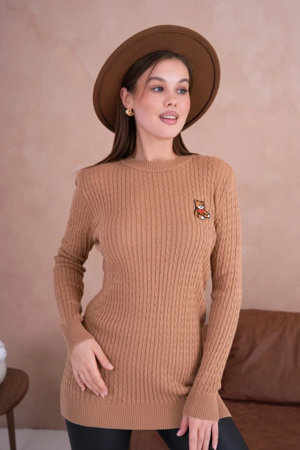 Bisiklet Yakalı Nakış Detaylı Uzun Kol Saçörgü Tunik