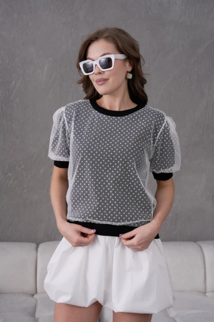 Bisiklet Yaka Full Beden Tül Detaylı Triko Bluz